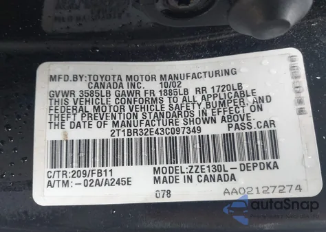 2003 Toyota Corolla Ce z USA, uszkodzony, nr VIN 2T1BR32E43C097349